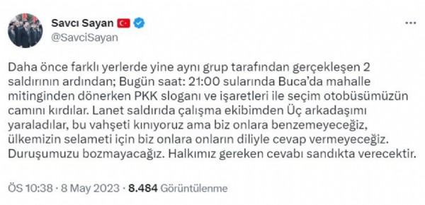 PKK destekçileri İzmir’de AK Parti otobüsüne saldırdı. AK Parti İzmir Milletvekili Adayı Savcı Sayan sosyal medya hesabından duyurdu.